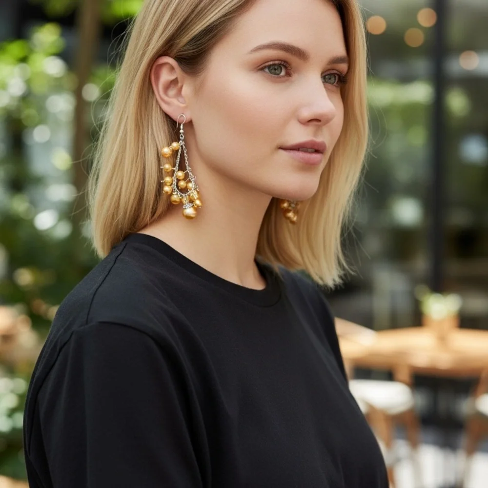 Estate Dangle Cluster Earrings – Gold Pearl Bead & Silver Chain Drop Style